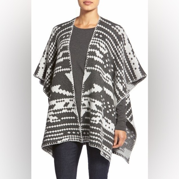 White + Warren Blanket Jacquard Poncho Style Cardigan Grey Printed One Size - Picture 1 of 9